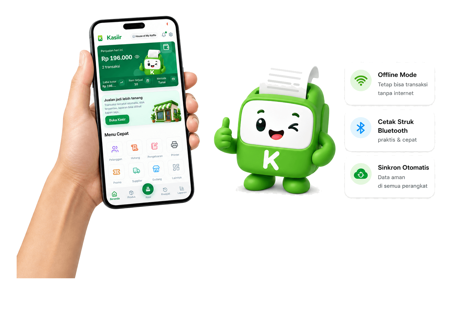 Tangan memegang HP dengan aplikasi Kasiir dan maskot