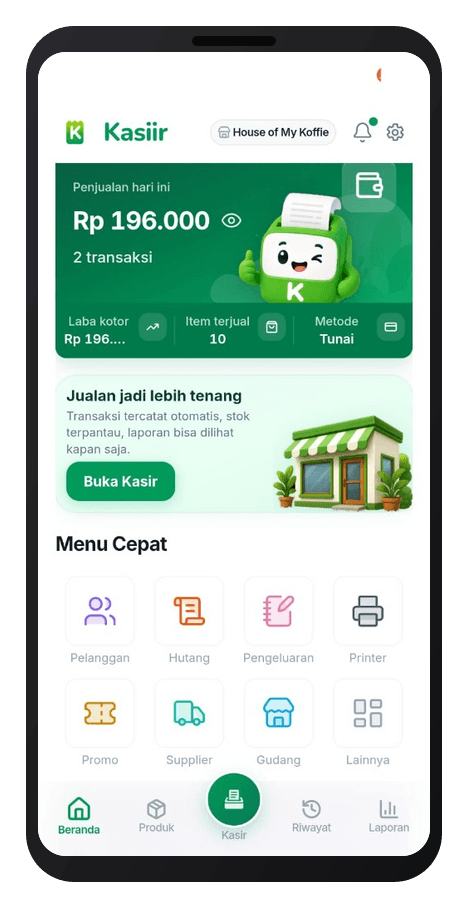Mockup HP halaman utama aplikasi Kasiir