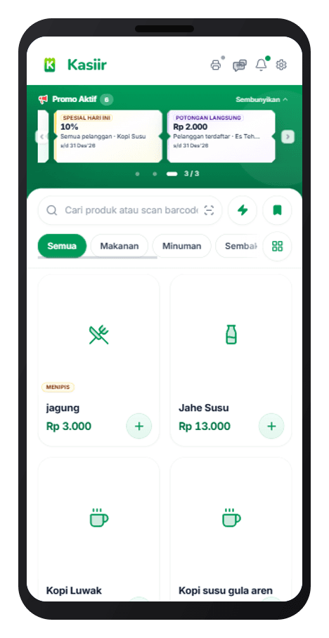 Mockup HP halaman kasir aplikasi Kasiir